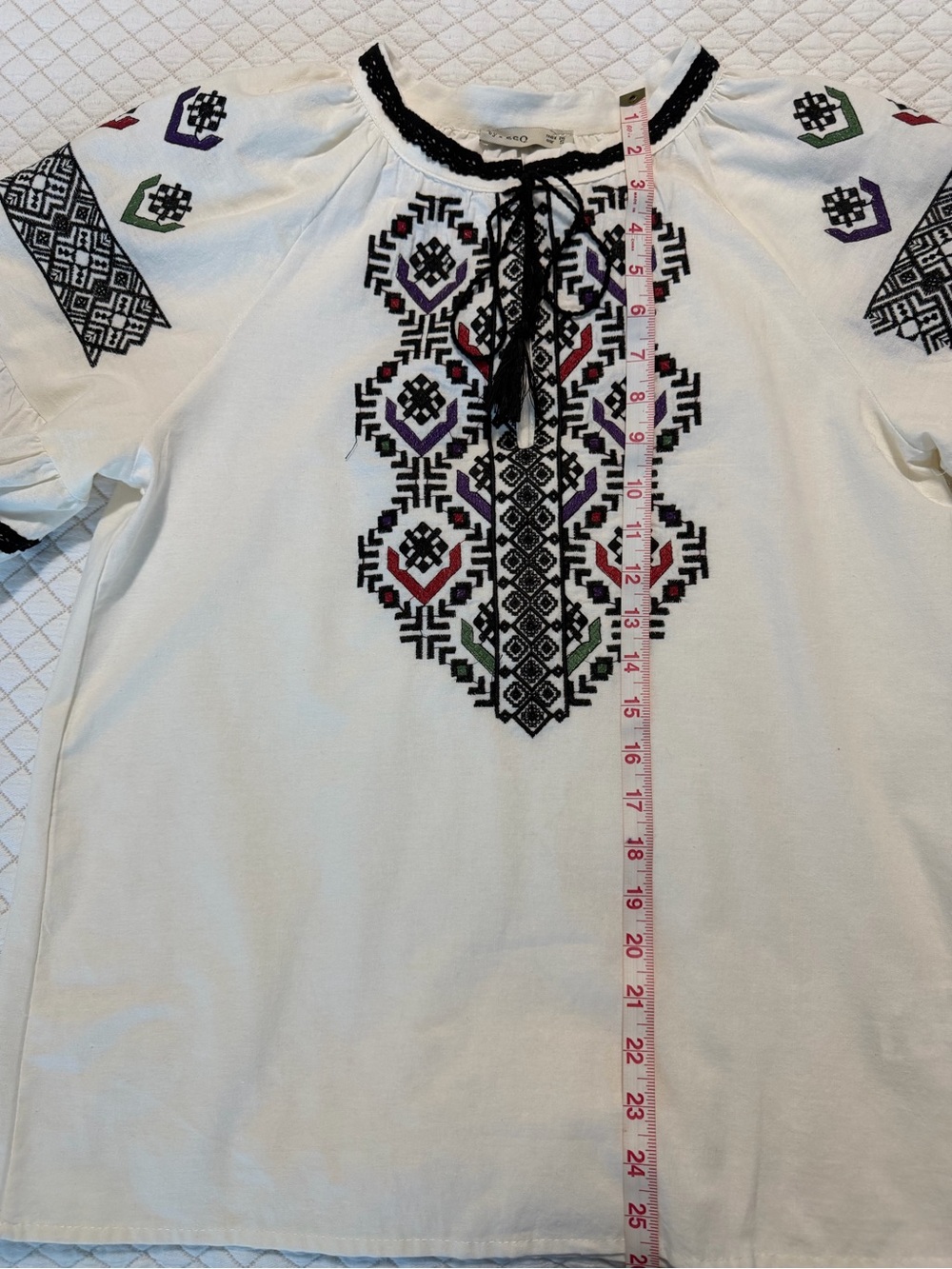Embroidered White Peasant Blouse with Multicolor Accents - Picture 5 of 9
